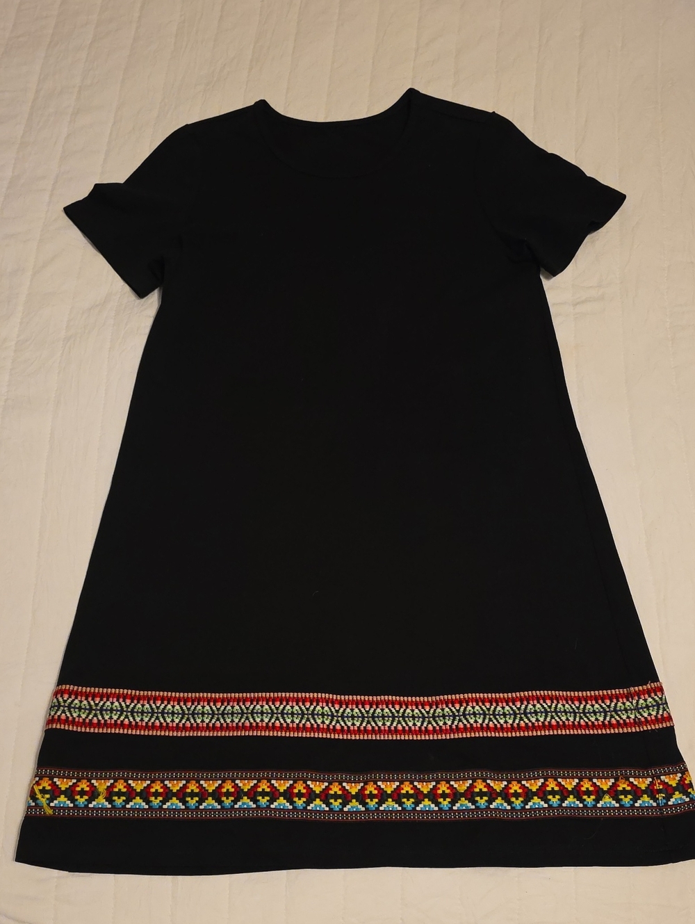 Black Short-Sleeve A-Line Dress with Embroidered Hem